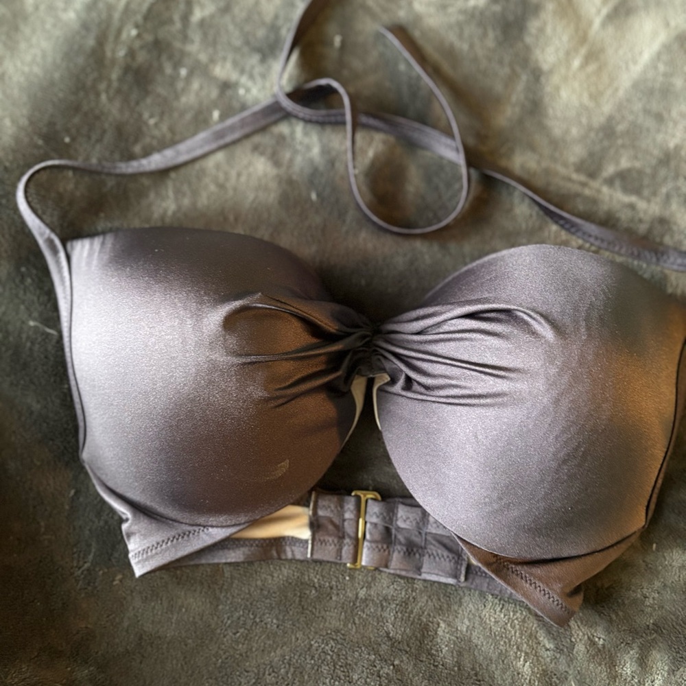 Shade & Shore Ladies Gray/Inside Pink Ruched Halter Underwire Molded Cups 36DD